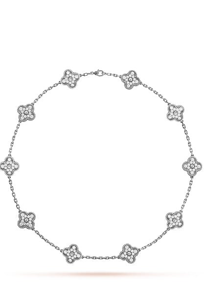 Vintage Alhambra White Gold With Crystals Necklace - 10 Motifs