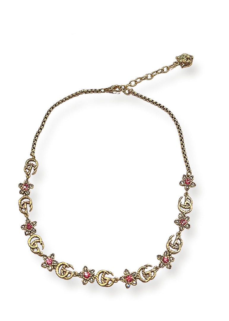GG Pink Flowers Stone Antique Gold Necklace