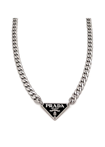 Prada Symbole Black Enamel Silver Necklace